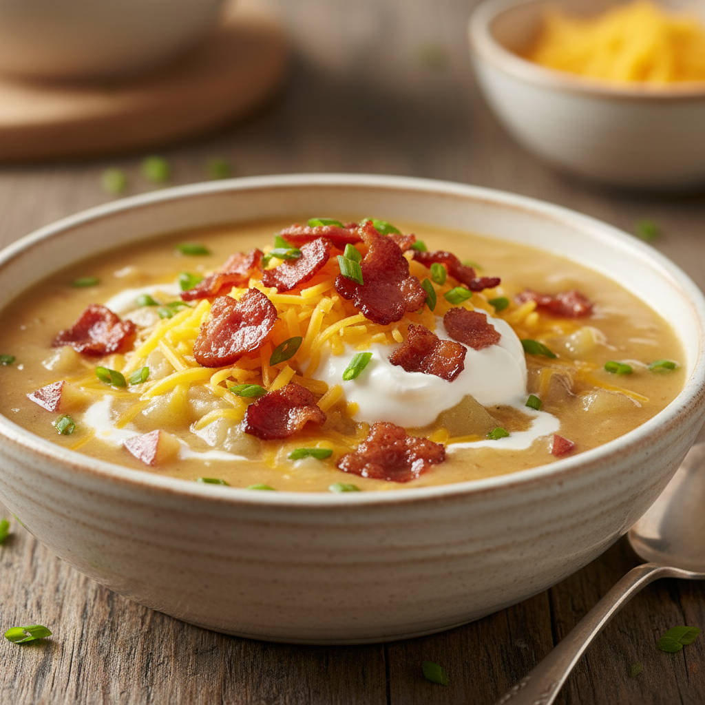 Cooking loaded potato soup in pot