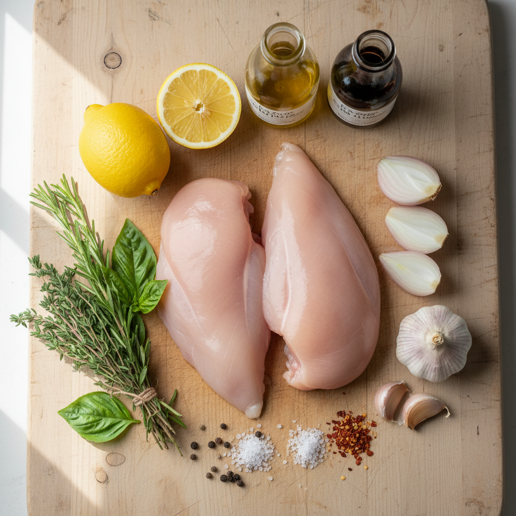Ingredients for pan fried chicken and pan sauce