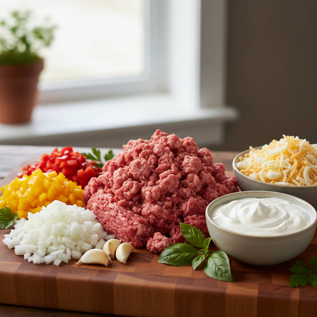 Ingredients laid out for baked spaghetti