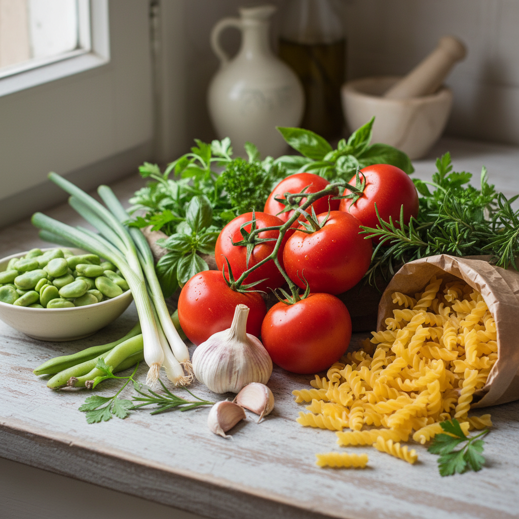 Ingredients for slow roasted tomato salad with pasta