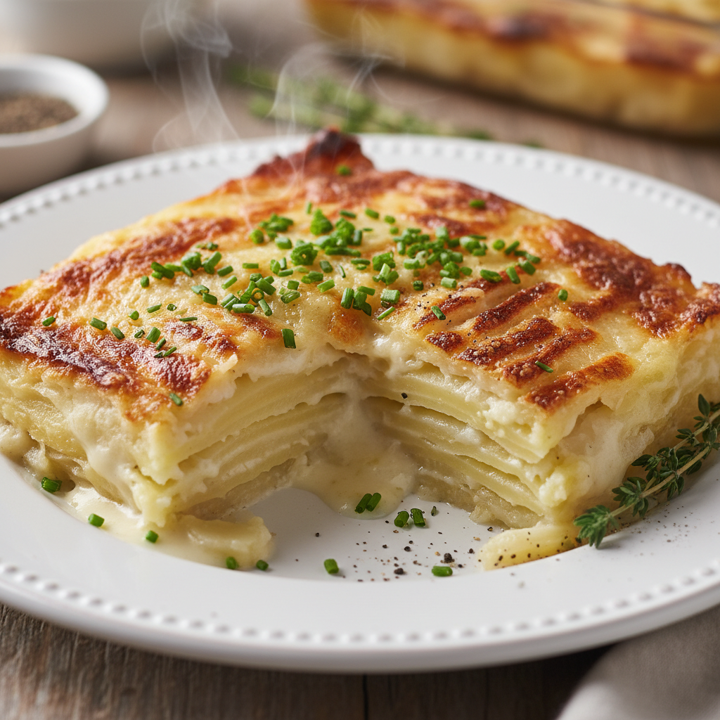Finished gratin potatoes bubbling in casserole