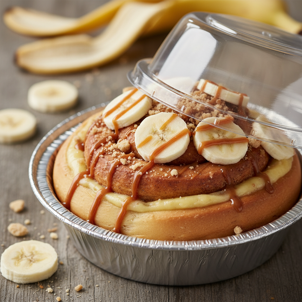 Banana pudding layer assembly over cinnamon rolls