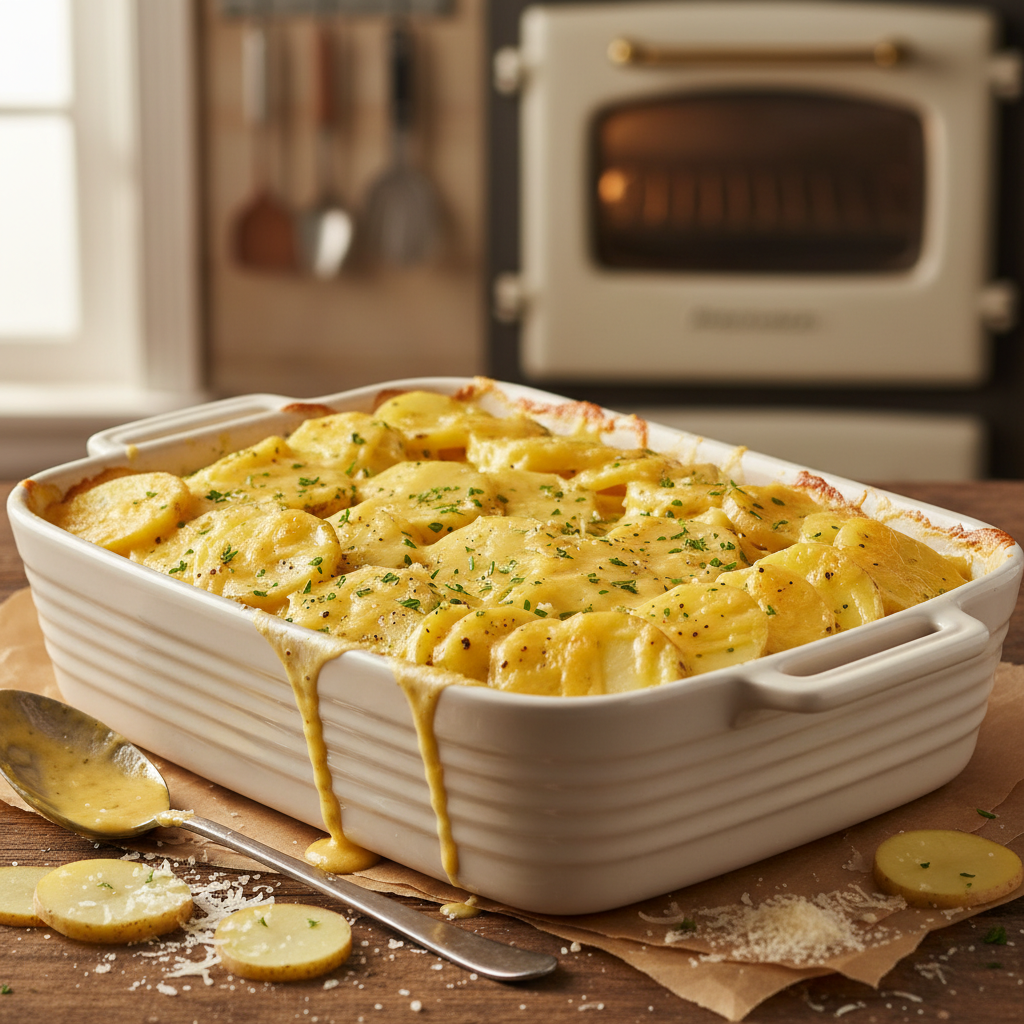 Sliced potatoes being prepared for gratin