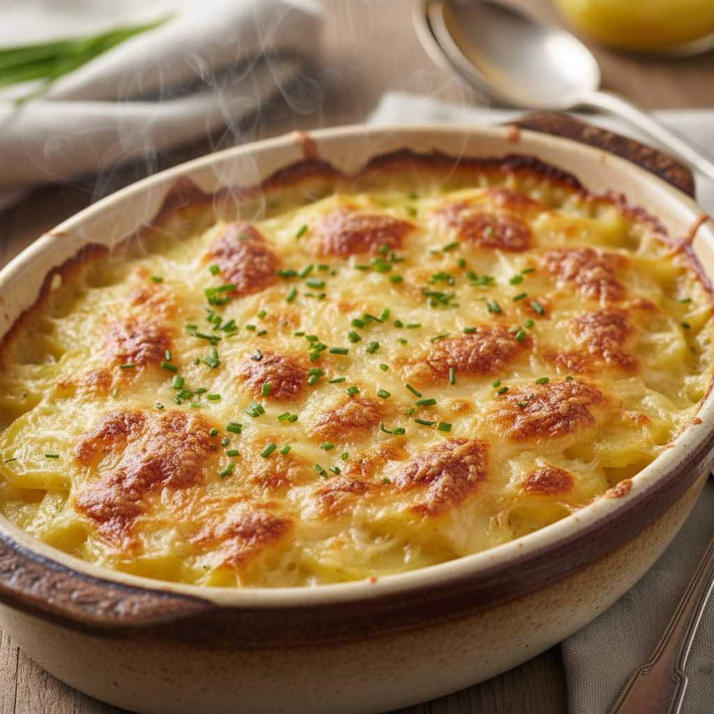 Cheesy gratin potatoes in a baking dish