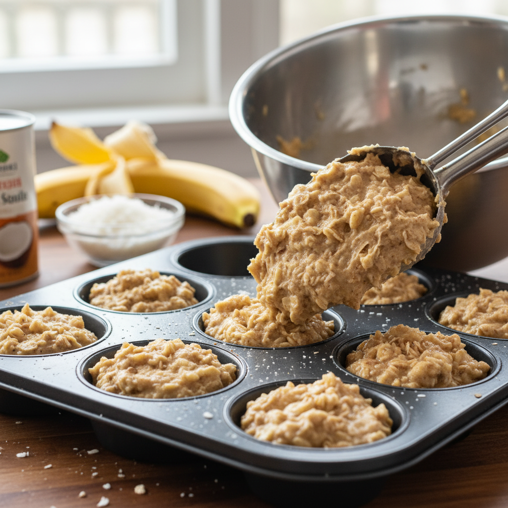 Preparation and baking steps for banana oatmeal muffin cups