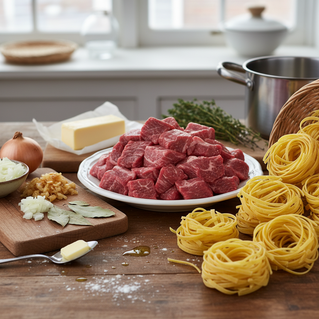 Ingredients for beef and noodles recipe