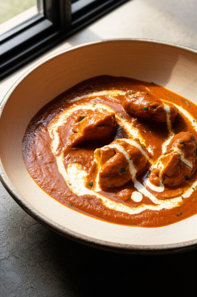 Butter chicken served in bowl with rice and naan