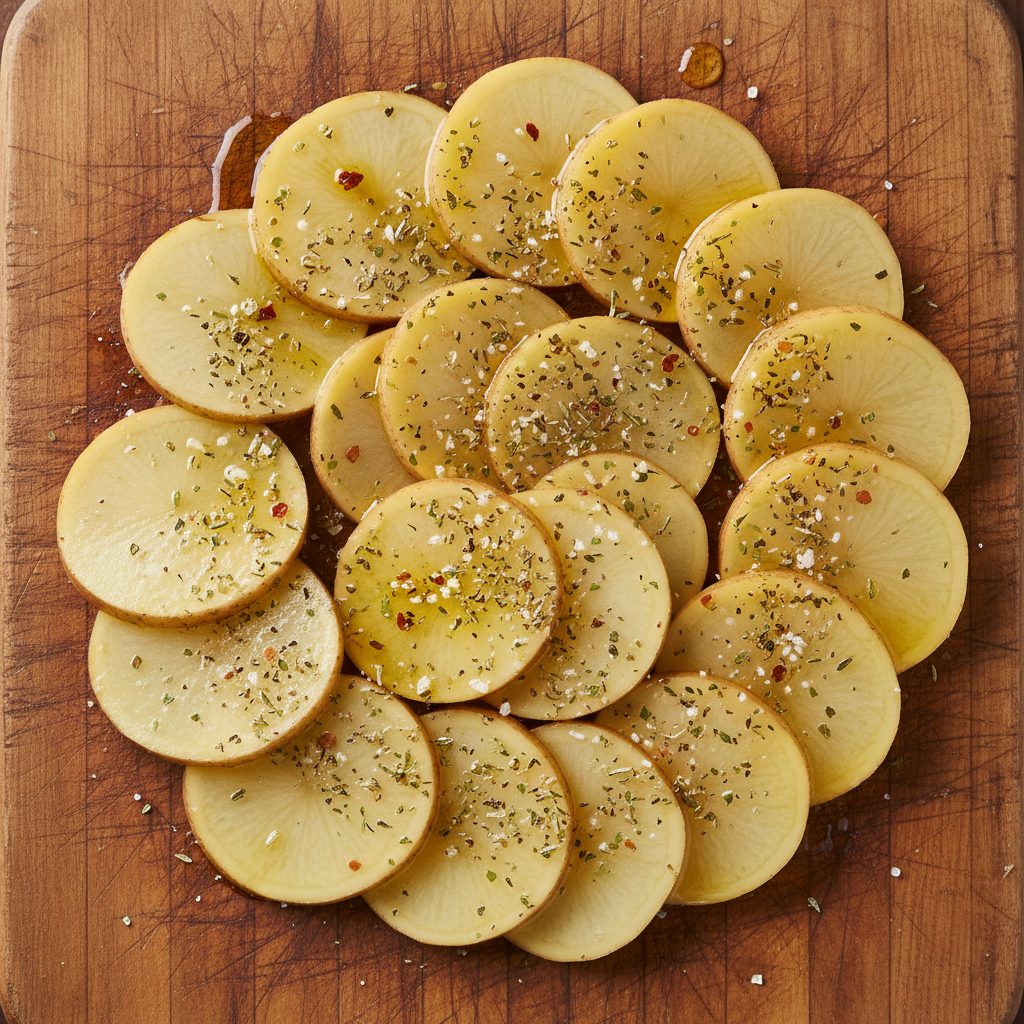 Raw ingredients for air fryer sliced potatoes including potatoes, olive oil, herbs, and spices