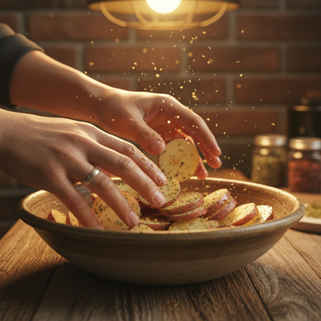 Mixing sliced potatoes with oil and seasonings before air frying