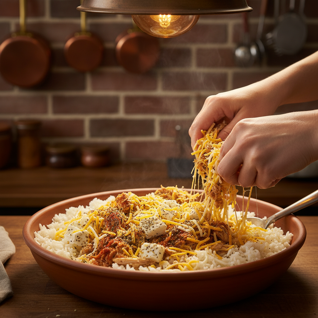 Mixing Angel Chicken Rice Casserole Ingredients in Bowl