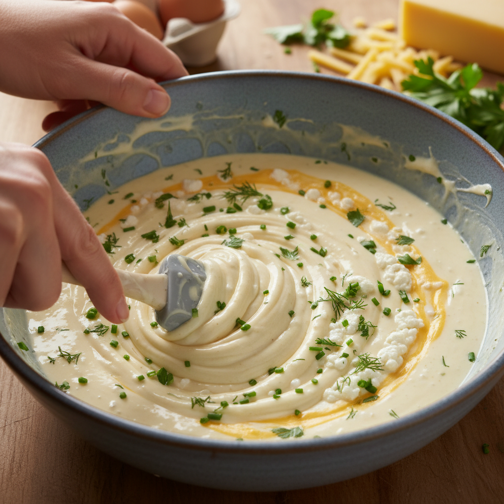 Mixing ingredients for Baked Cottage Cheese Eggs