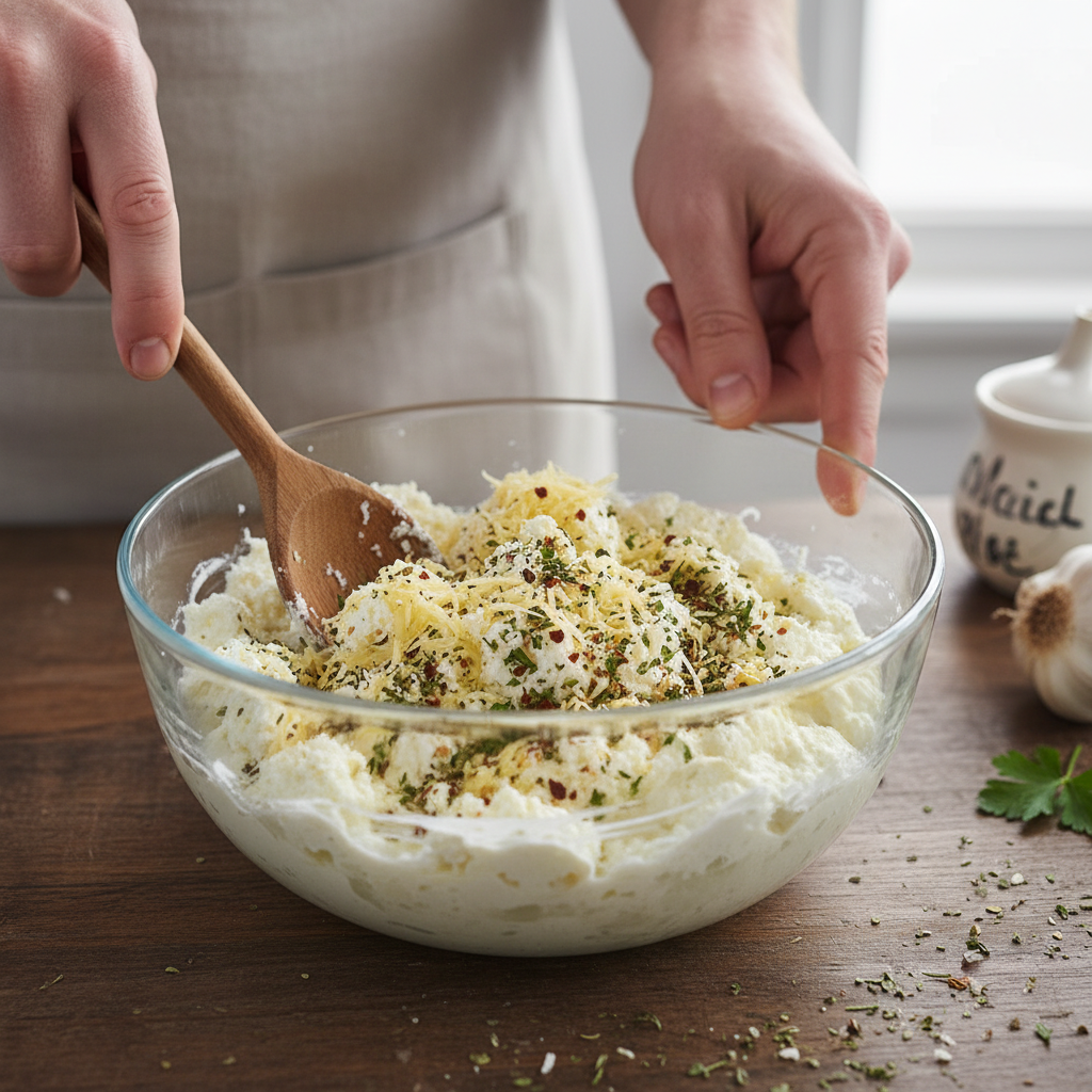 Mixing ricotta, parmesan, garlic, and Italian seasoning in a bowl