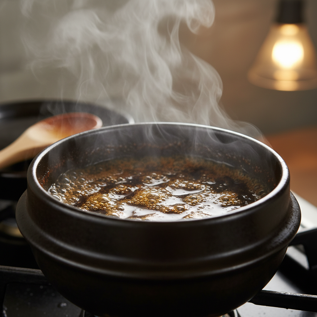 Simmering teriyaki sauce in a small pot
