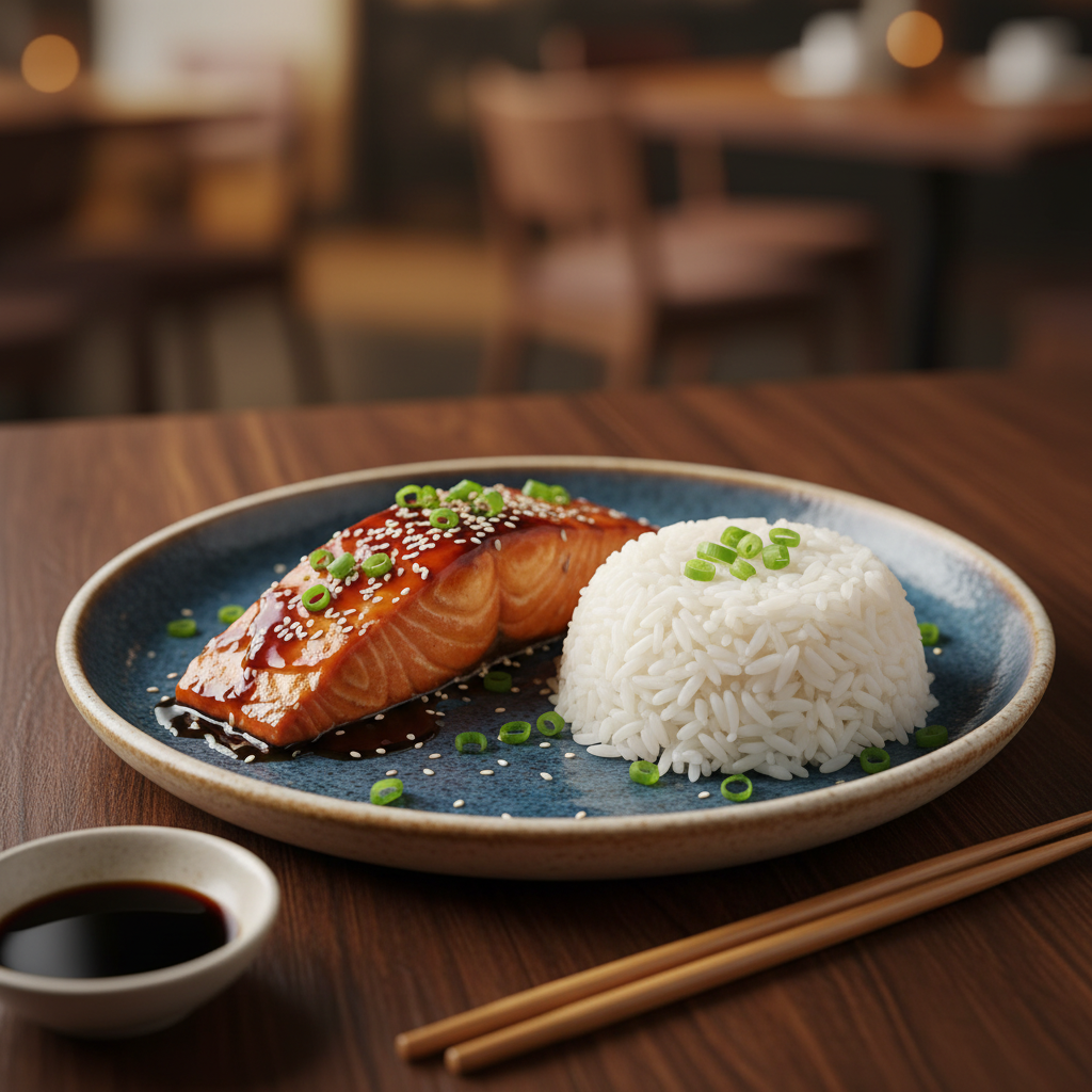 Serving suggestion of baked teriyaki salmon with vegetables