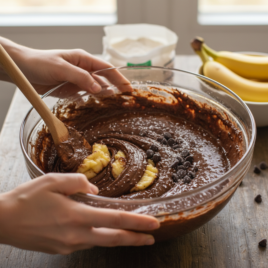 Mixing mashed bananas into brownie batter