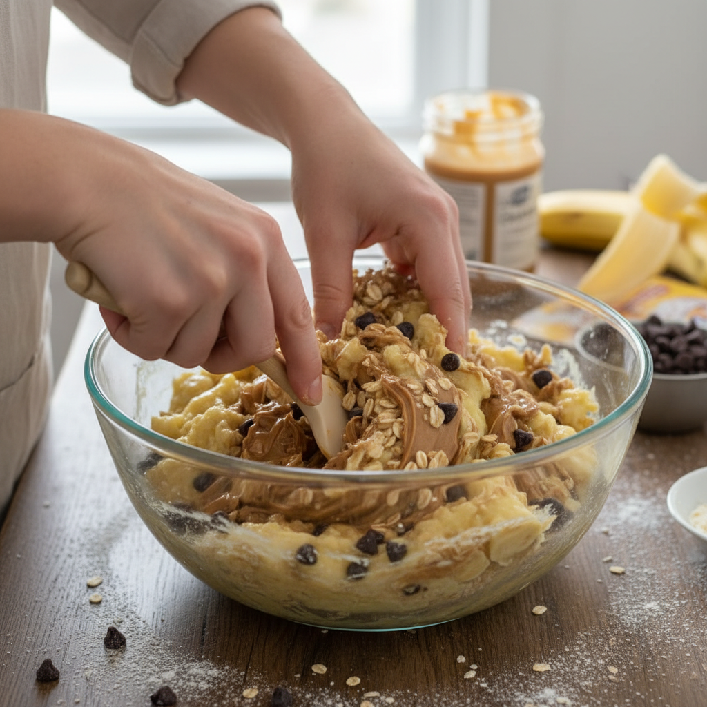 Mixing ingredients in bowl for banana oatmeal bars