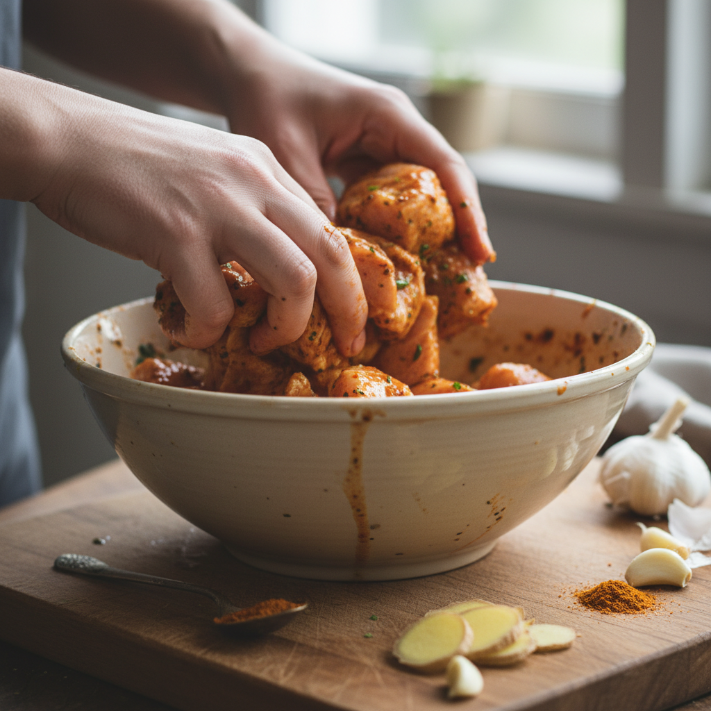 Step by step cooking black pepper chicken in skillet
