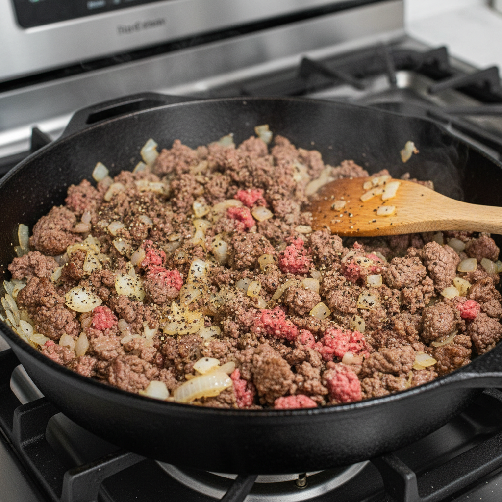Instructions steps for hamburger and potato casserole
