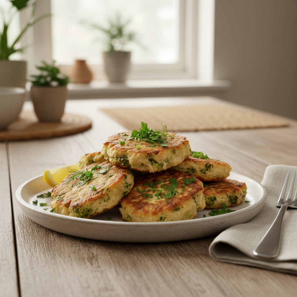 Cooked broccoli chicken fritters served