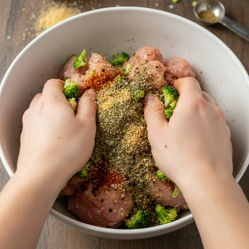 Mixing broccoli chicken fritter ingredients in bowl