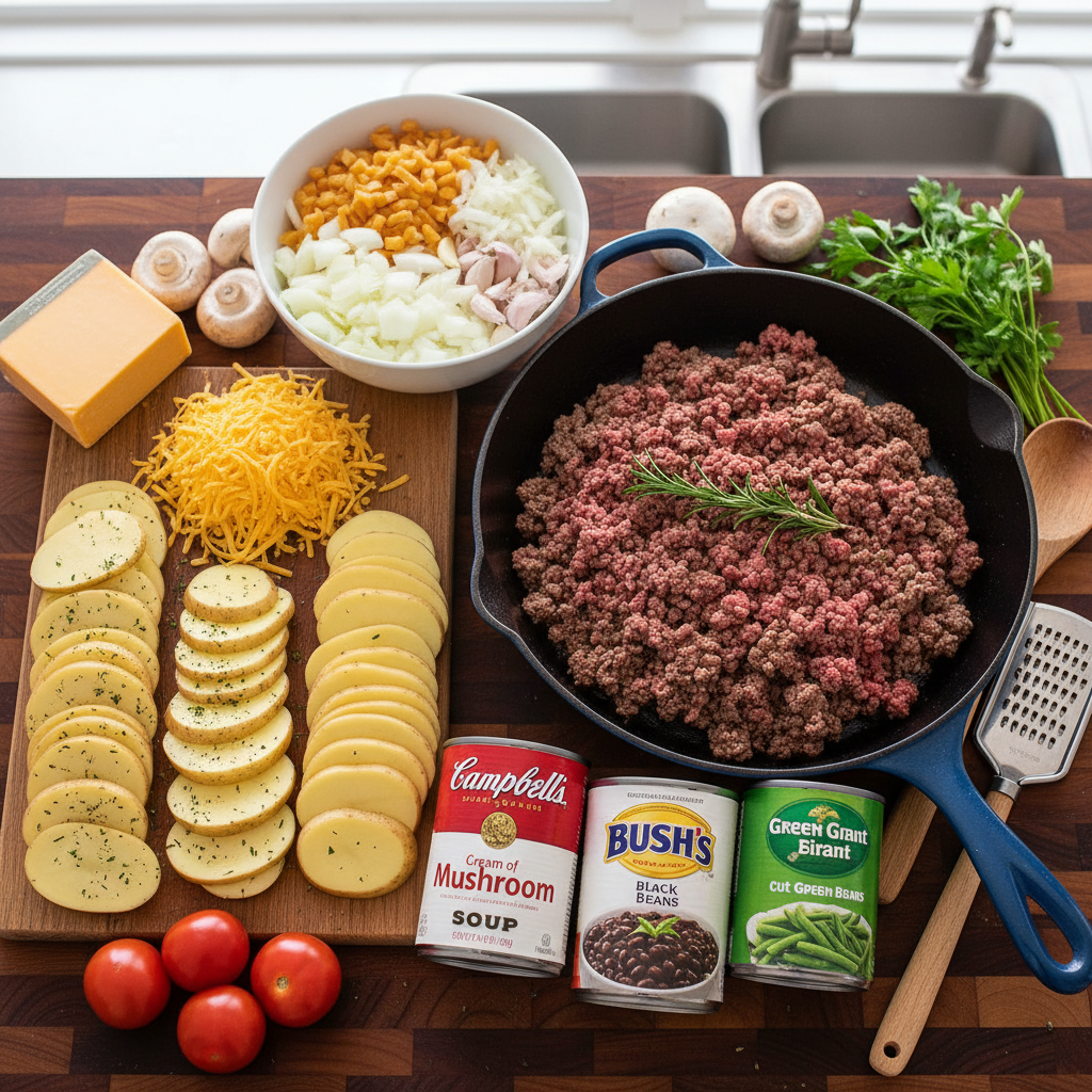 Ingredients for hamburger and potato casserole