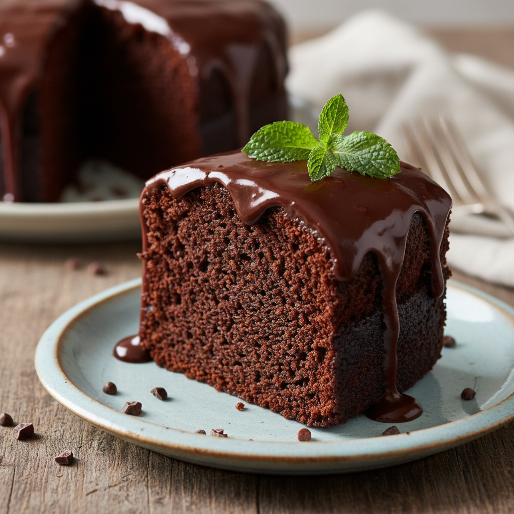 Chocolate Buttermilk Cake Frosted and Ready to Slice