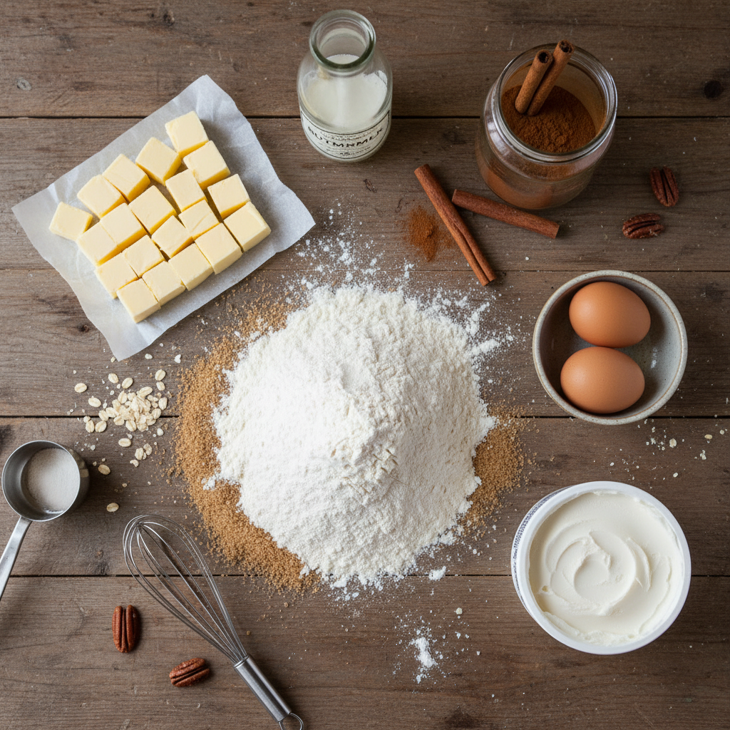 Ingredients for buttermilk cinnamon rolls on a table
