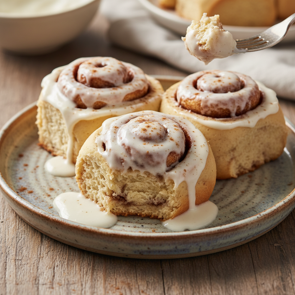 Freshly iced buttermilk cinnamon rolls ready to serve