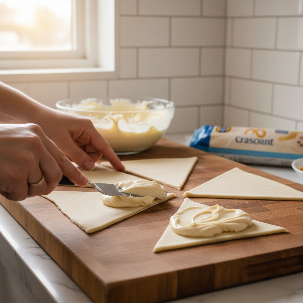 Spreading cream cheese mixture on crescent roll dough triangles