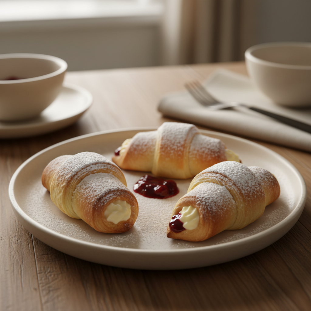 Finished Cheesecake Crescent Rolls ready to serve, dusted with powdered sugar