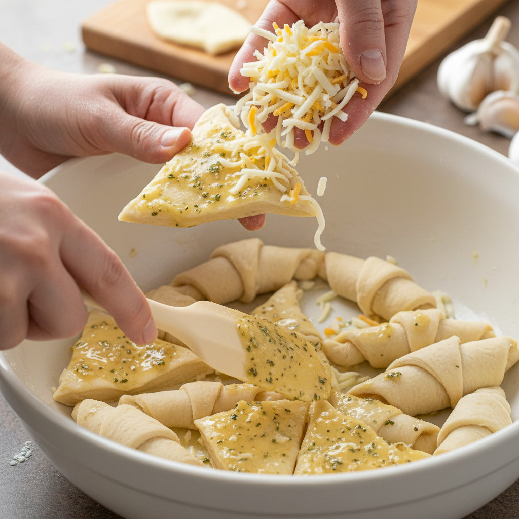 Butter and garlic mixture with crescent roll dough triangles