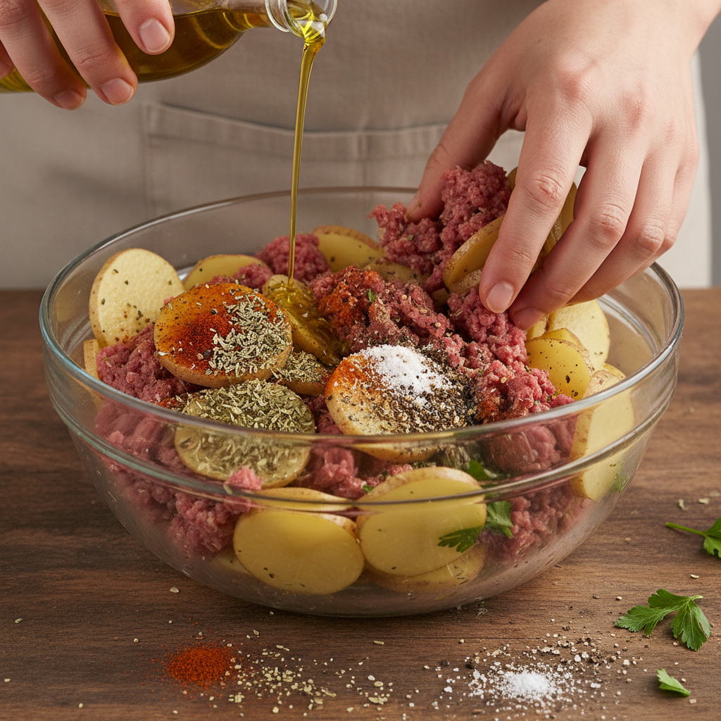 Browning ground beef and onions in skillet