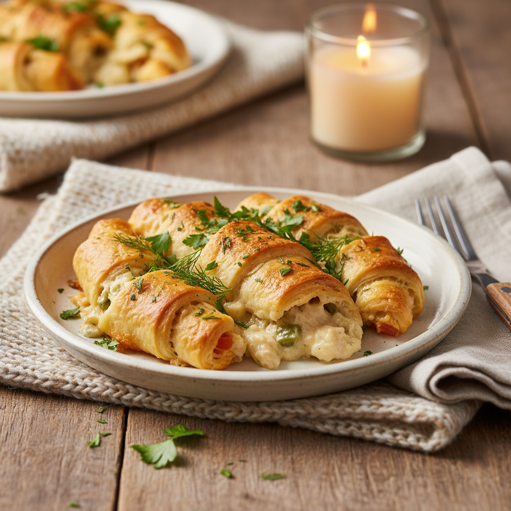 Served Chicken Crescent Roll Casserole with garnish