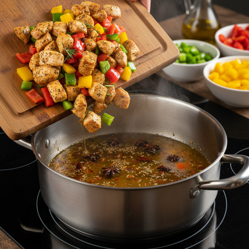 Cooking chicken enchilada soup ingredients in pot