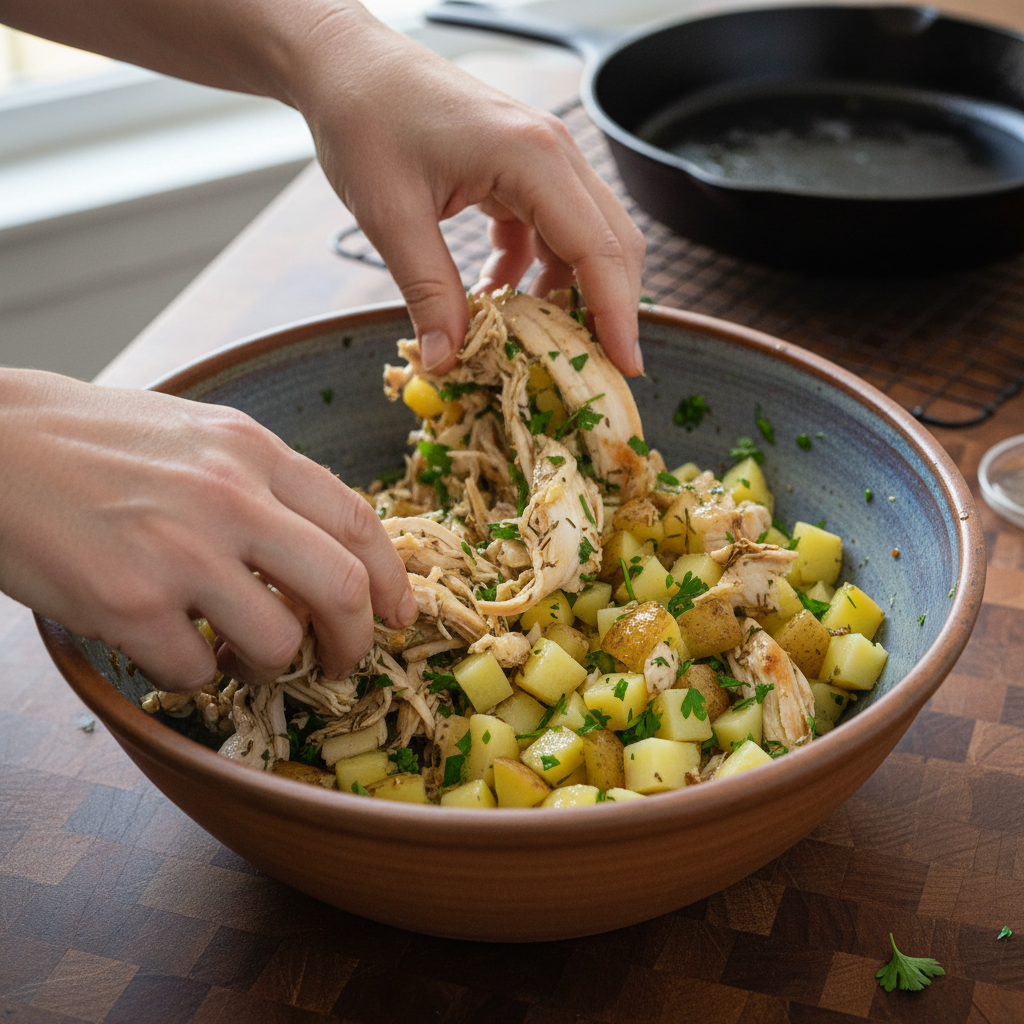 Chicken, potatoes, and seasonings added to soup pot