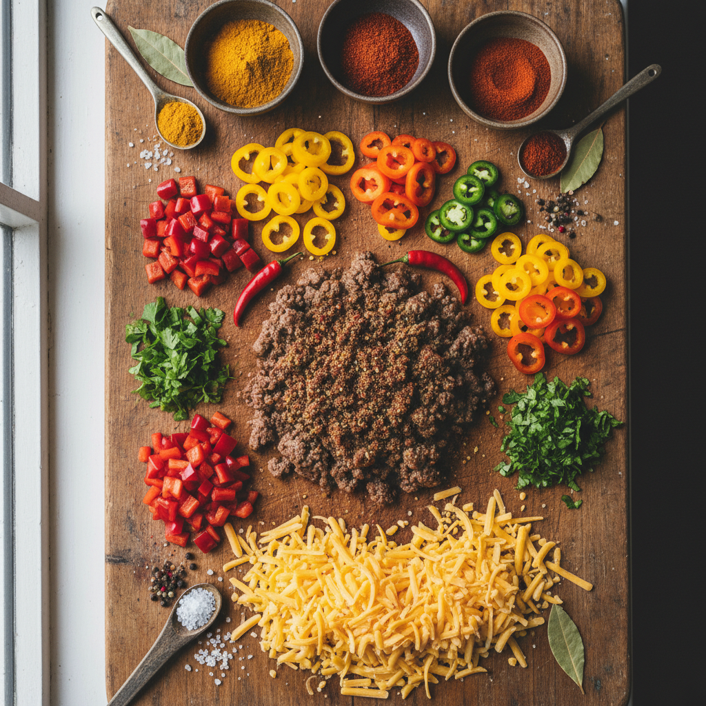Ingredients for cheesy and crispy beef quesadilla