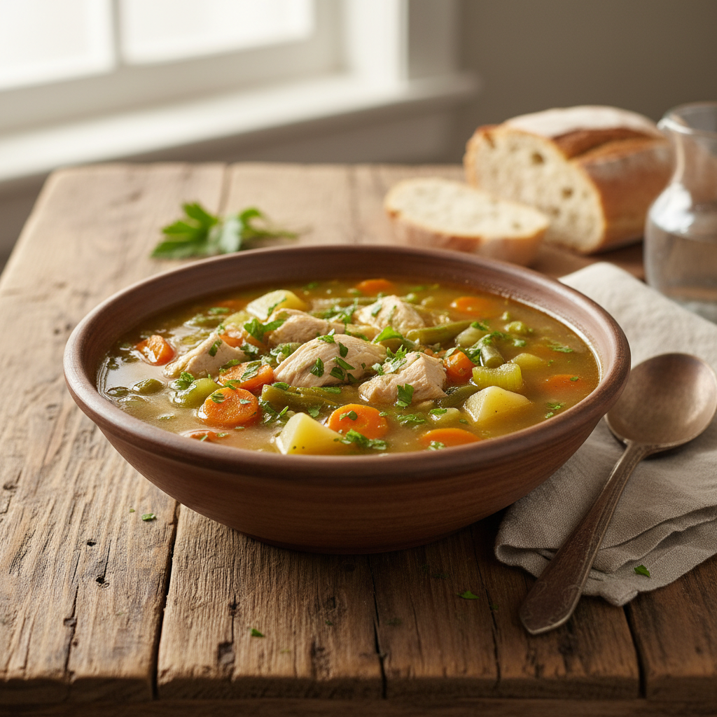 Finished chicken vegetable soup in bowl