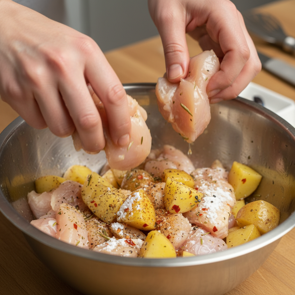 Ingredients laid out for marinating chicken and preparing stir fry