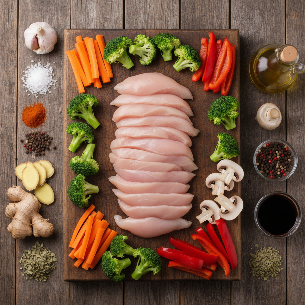 Ingredients for stir-fried chicken with mixed vegetables