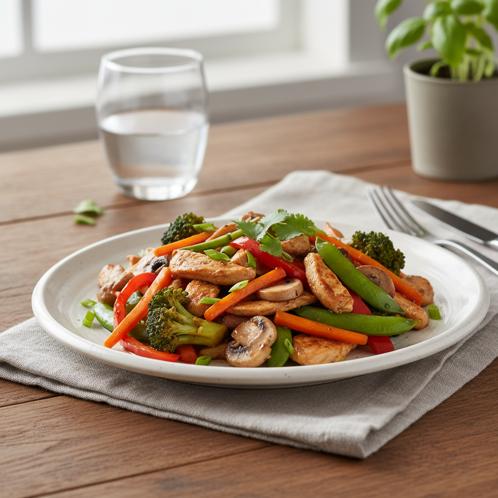 Finished chicken and mixed vegetables stir fry served hot