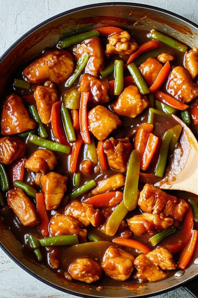 Stir-fried chicken and mixed vegetables served in a bowl