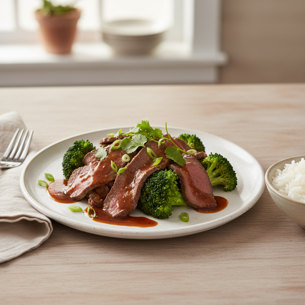 Finished beef and broccoli dish plated and ready to serve