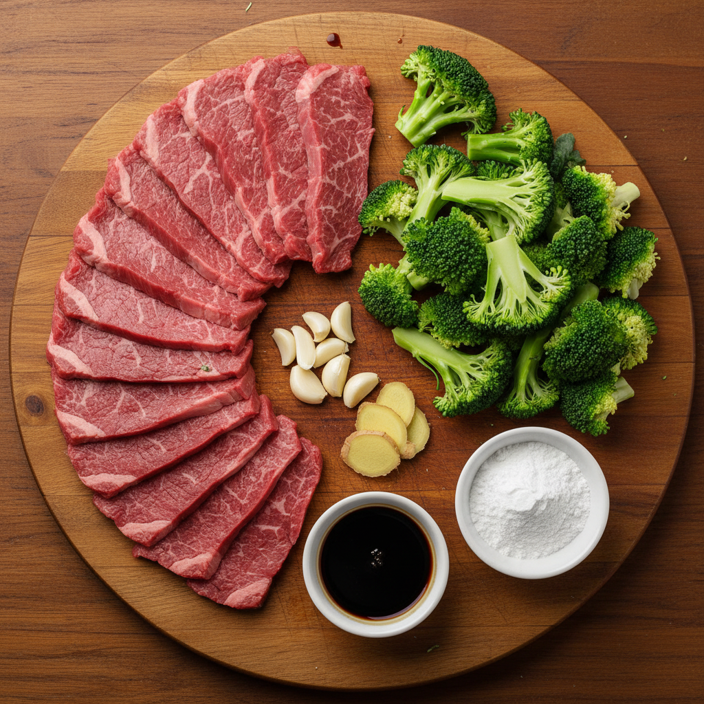 Ingredients for beef and broccoli laid out in bowls and plates