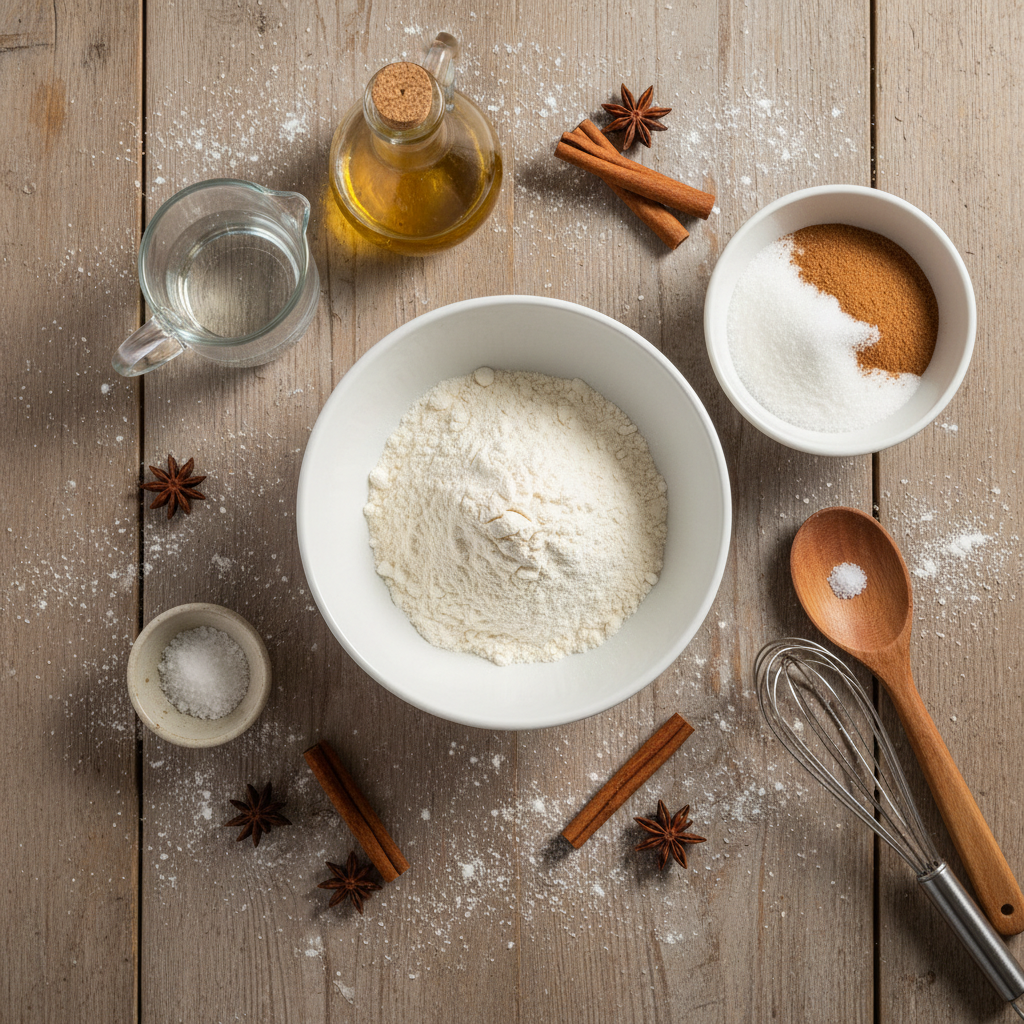 Ingredients for churros poppers including sugar, cinnamon, flour and oil