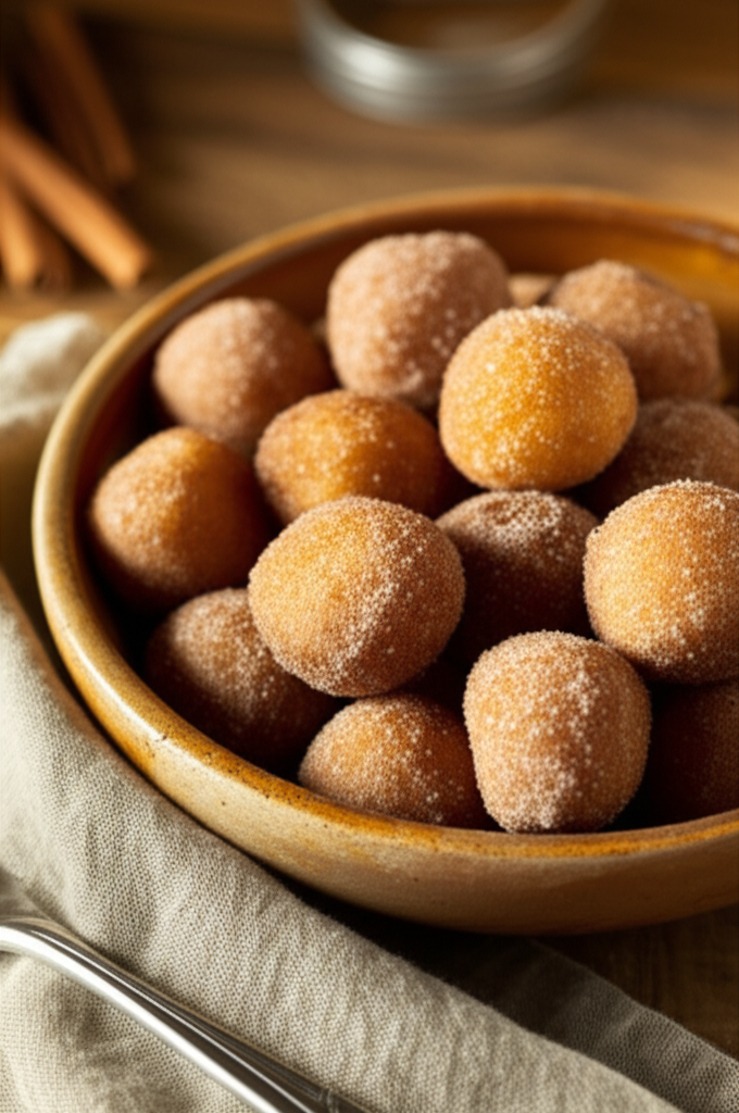 Plate of golden churros poppers dusted with cinnamon sugar