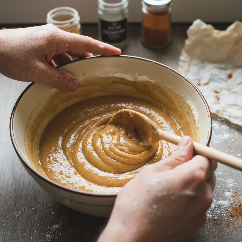 Mixing batter and baking cinnamon muffins
