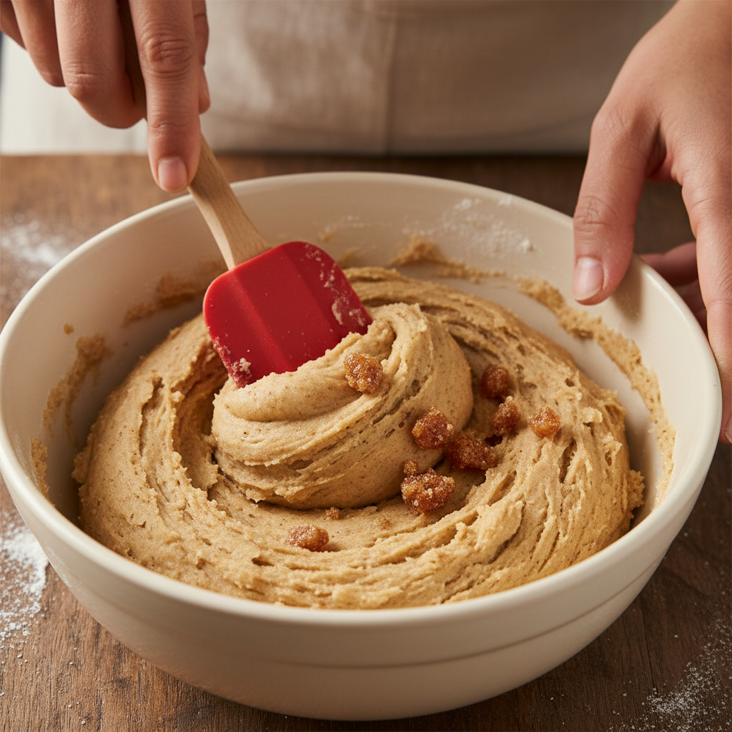 Mixing the cinnamon sugar into cookie dough gently with a rubber spatula