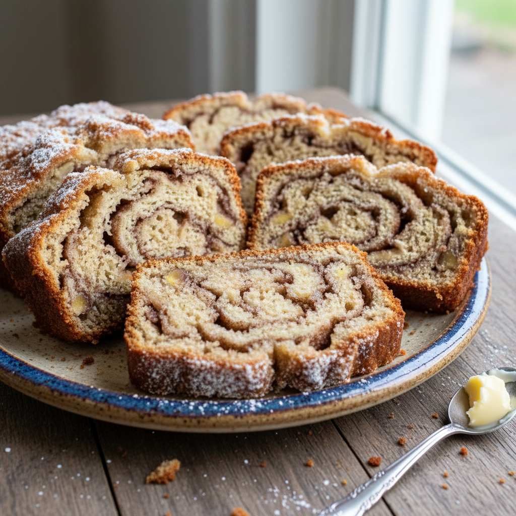 Sliced Cinnamon Swirl Banana Bread ready to serve