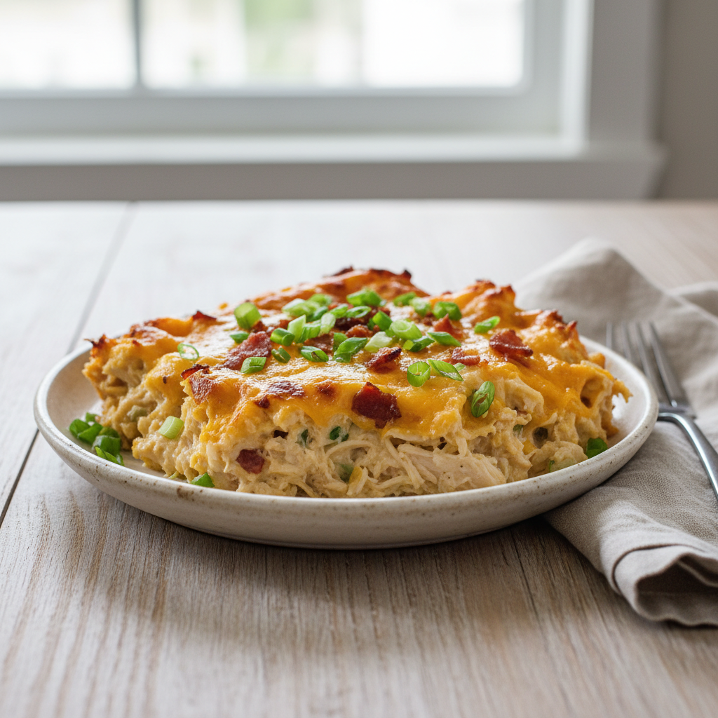 Baked Crack Chicken Casserole ready to serve