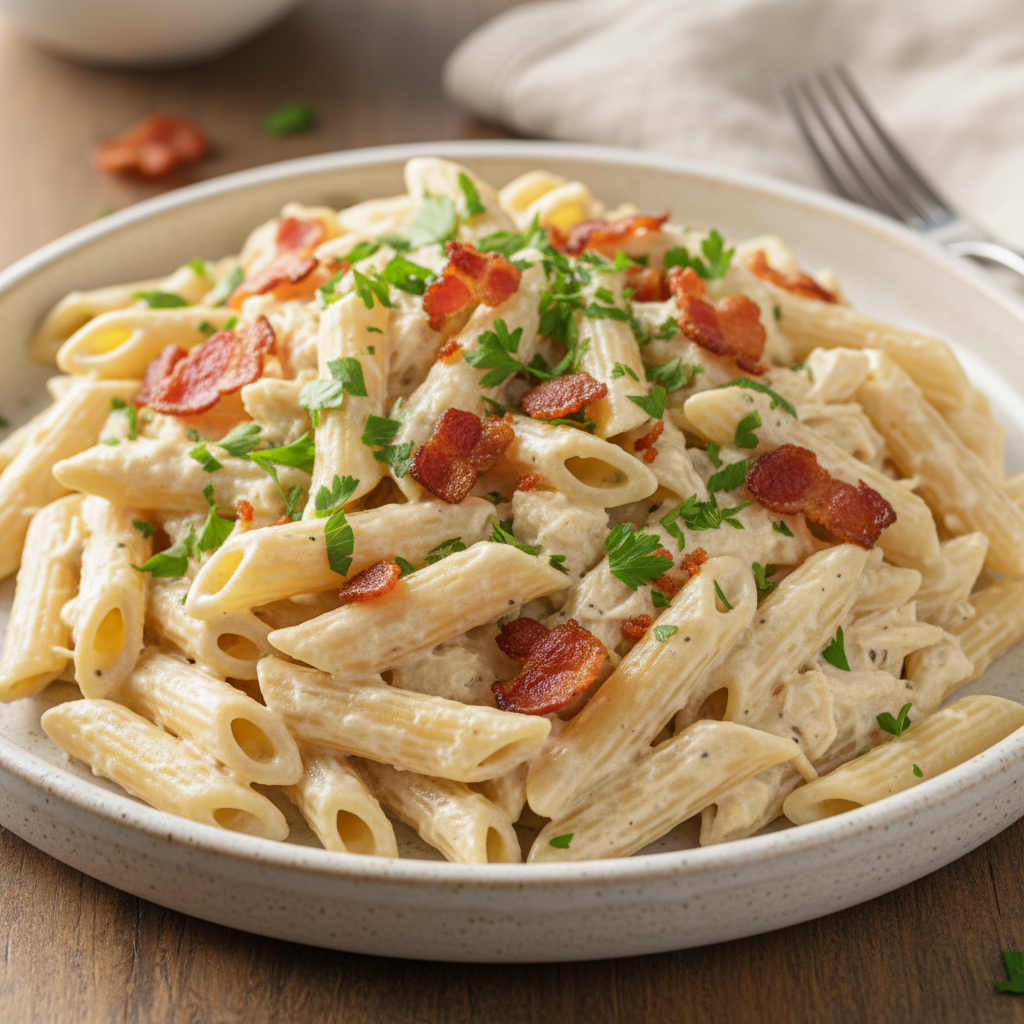 Final Crack Chicken Penne garnished with bacon and parsley